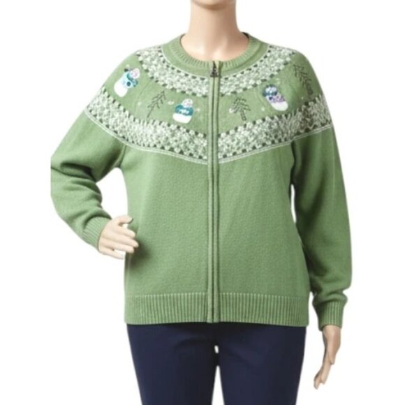 CJ Banks Women's Christmas Sweater Green Zip Front Snowmen Size 2X - Picture 1 of 14